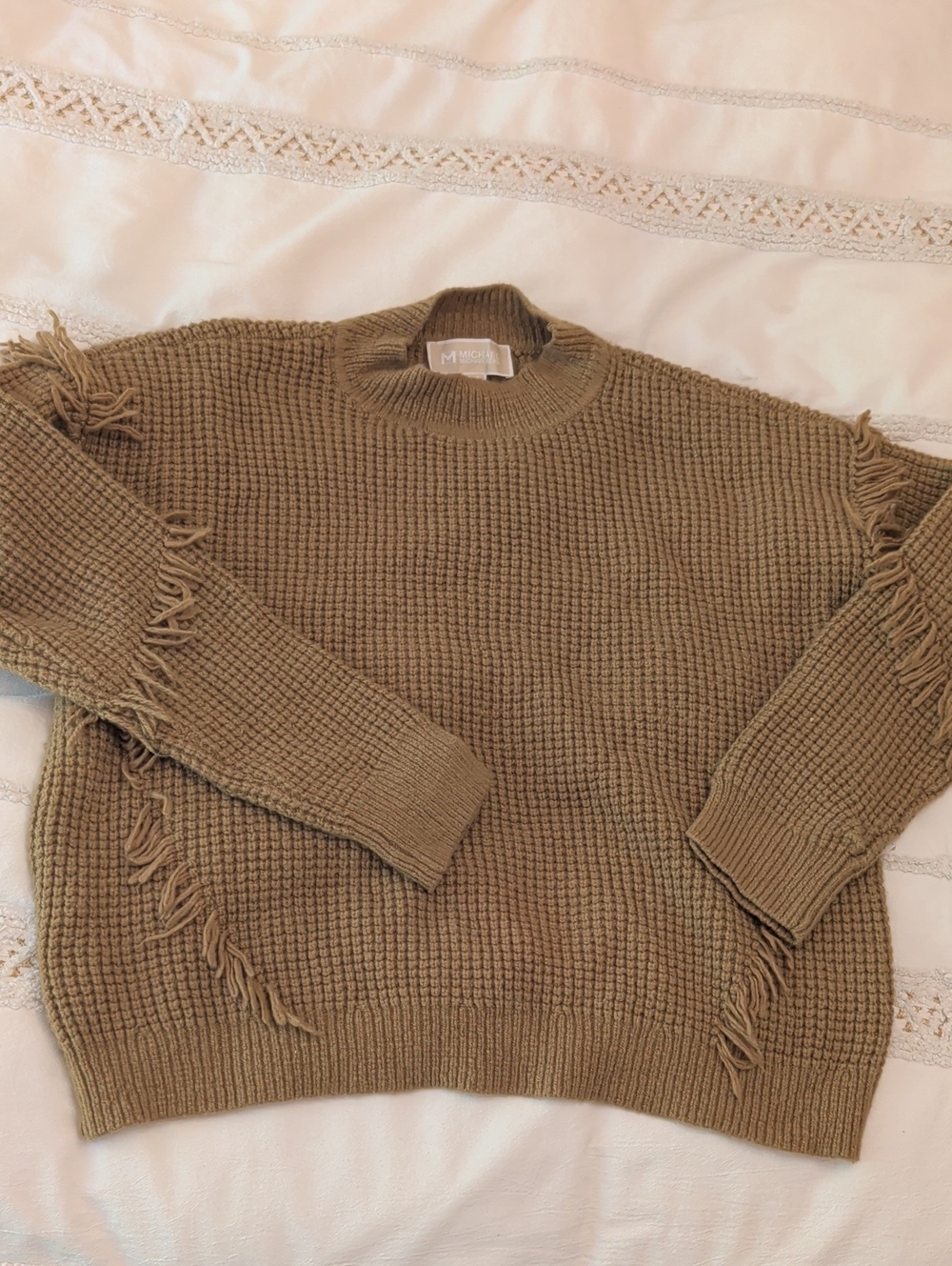 Michael Kors Olive Fringe Waffle Knit Crewneck Sweater